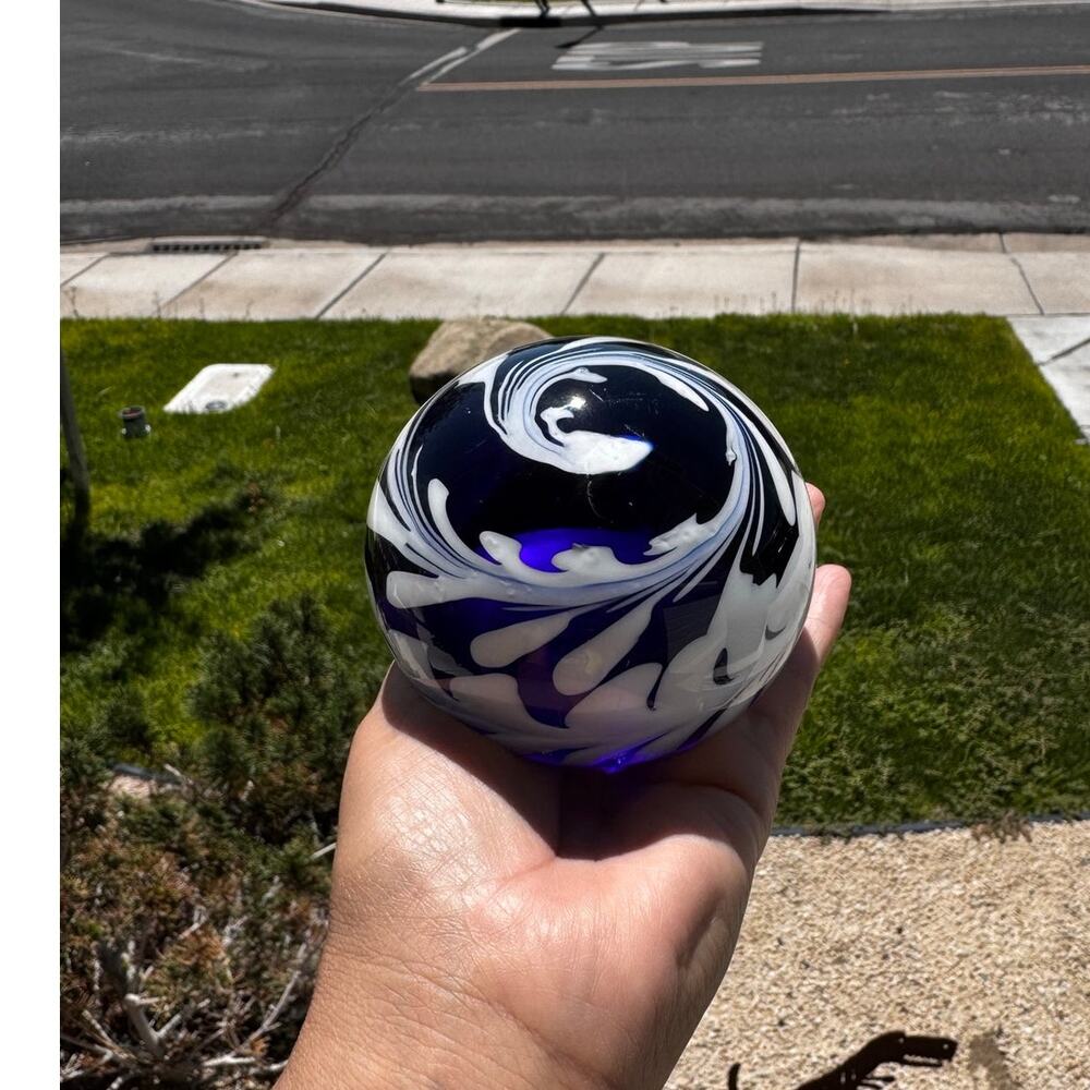 hand-blown cobalt blue white swirl art glass paperweight collectible desk decor